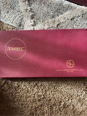 Scrabble Word Game Box in Burgundy with Gold Lettering all pieces are there
